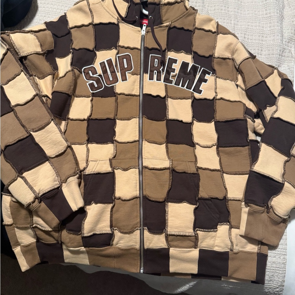 Supreme Patchwork Checkerboard Zip Hoodie - Brown/Tan/Cream
